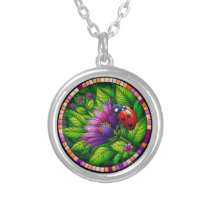 Ladybug Stained Glass Silver Plated Necklace