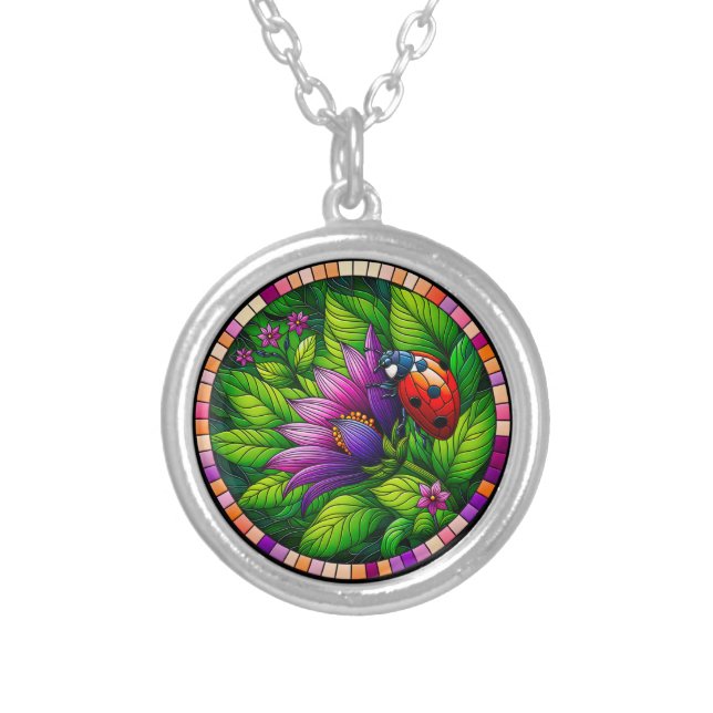 Ladybug Stained Glass Silver Plated Necklace (Front)