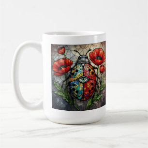 Ladybug stained glass vibrant poppy flower insect  coffee mug
