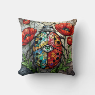Ladybug stained glass vibrant poppy flower insect throw pillow