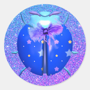 Ladybug star cute glitter look blue purple classic round sticker