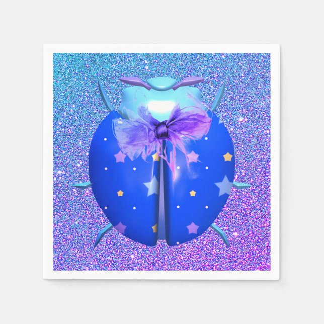 Ladybug star cute glitter look blue purple napkins (Front)