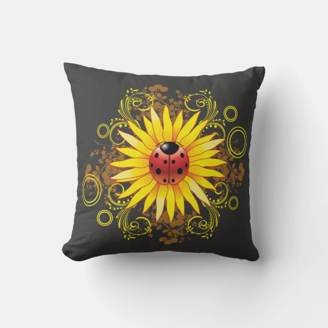 Ladybug Sunflower Design Throw Pillow (Front)