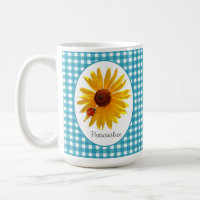 Ladybug Sunflower Turquoise Gingham With Name Coffee Mug