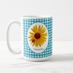 Ladybug Sunflower Turquoise Gingham With Name Coffee Mug
