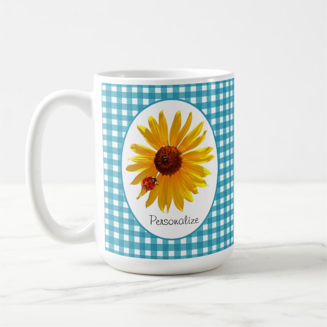 Ladybug Sunflower Turquoise Gingham With Name Coffee Mug (Left)