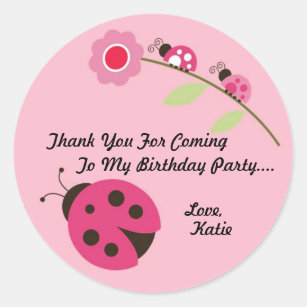 DISCOUNTS! 30-1.50 INCH PINK LADYBUG SEMI GLOSS THANK YOU STICKER LABELS