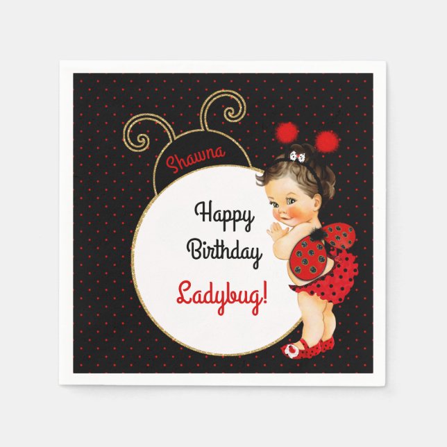 Ladybug Theme Baby Girl Red & Black Dots Napkins (Front)