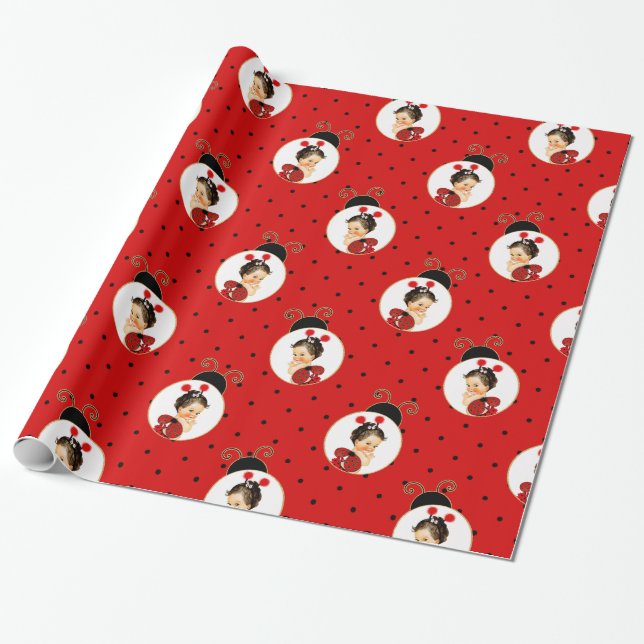 Ladybug Theme Baby Girl Red & Black Dots Wrapping Paper (Unrolled)