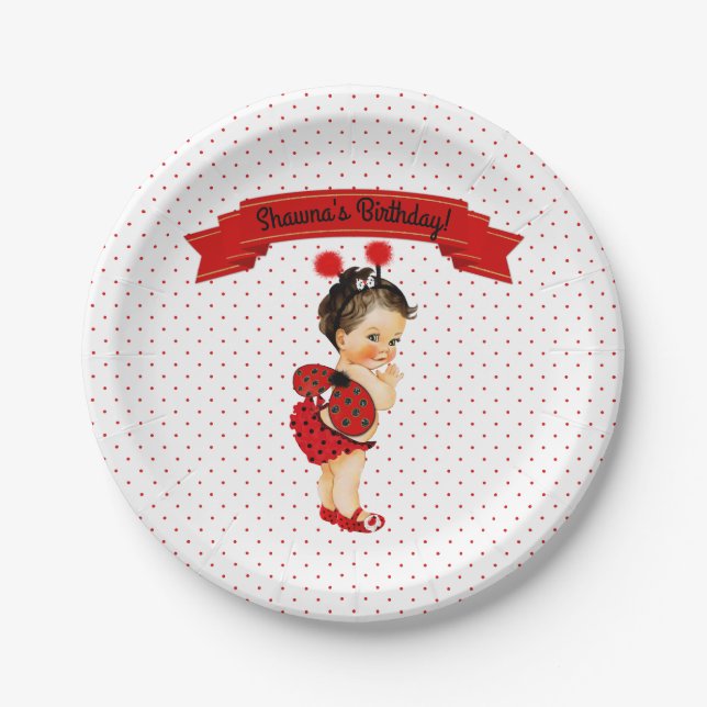 Ladybug Theme Baby Girl Red Dots Paper Plates (Front)