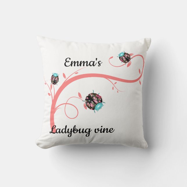 Ladybug tree floral cute pink blue black white throw pillow (Front)