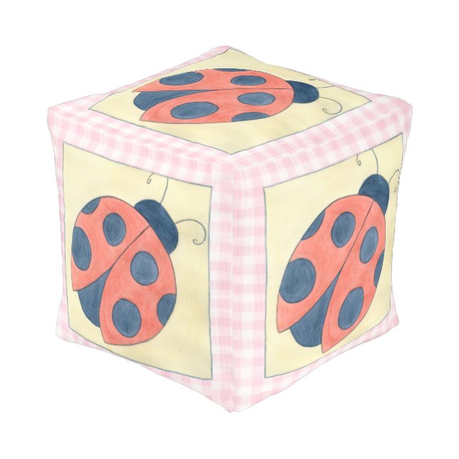 Ladybug Trio Landing on Flowers Pouf (Angled Front)