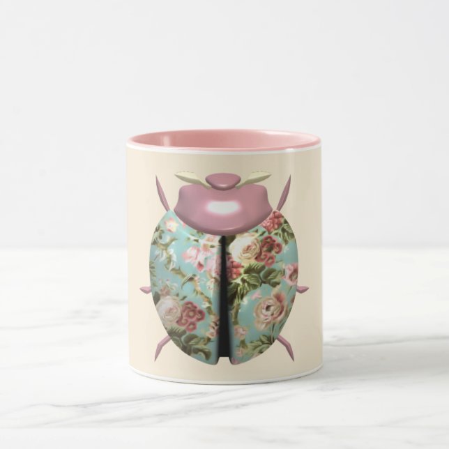 Ladybug victorian floral pink blue chintz cute mug (Center)