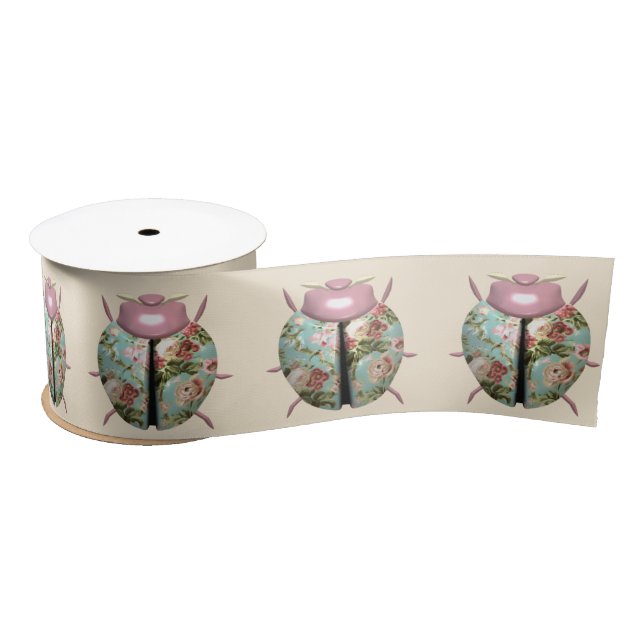 Ladybug victorian floral pink blue cute satin ribbon (Spool)