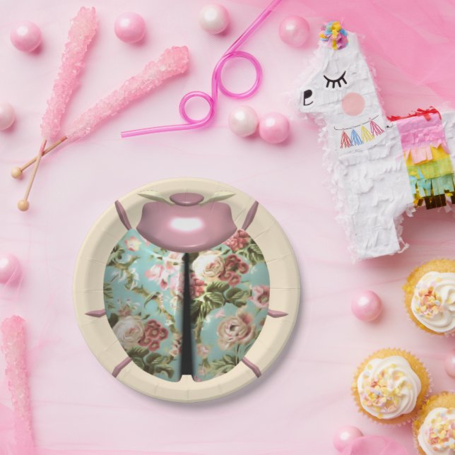 Ladybug victorian floral rose chintz blue pink  paper plates (Party)