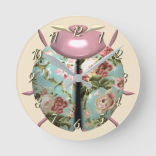 Ladybug victorian floral rose cute pink blue round clock