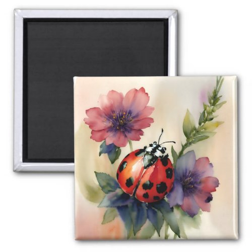 Ladybug Watercolor Botanical Floral Art  Magnet