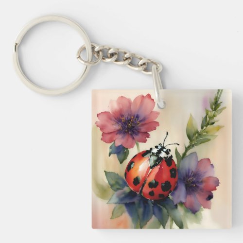 Ladybug Watercolor Floral Art  Keychain