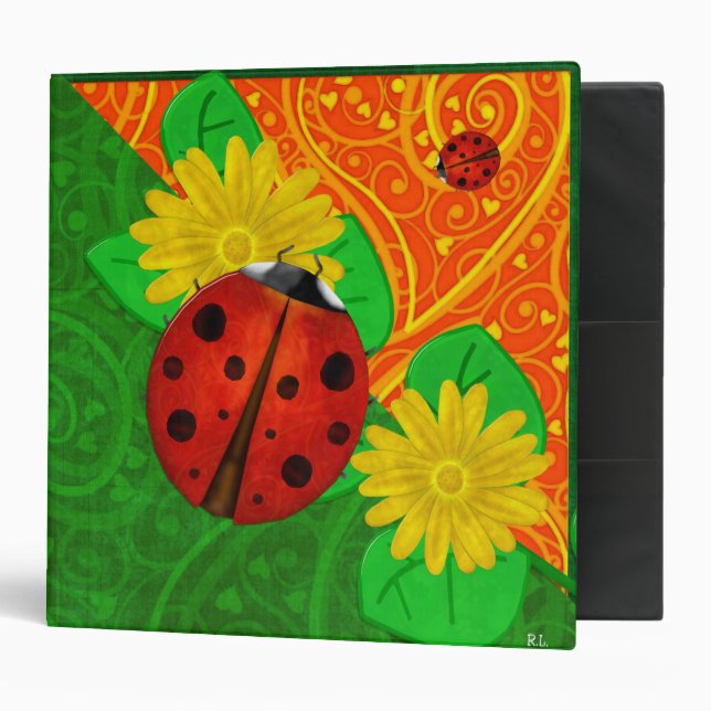 Ladybug Whimsey 3D Folk Art 3 Ring Binder (Front/Inside)