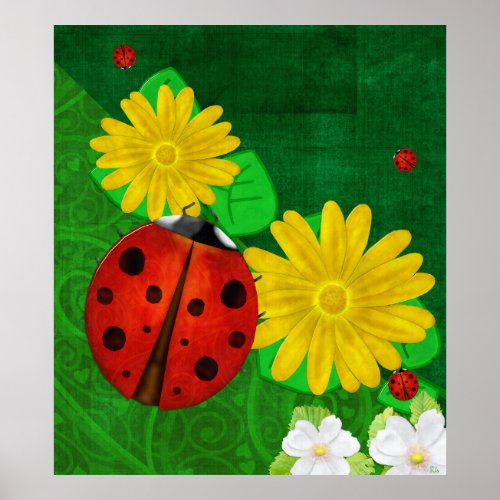 Ladybug Whimsey 3D Folk Art Poster