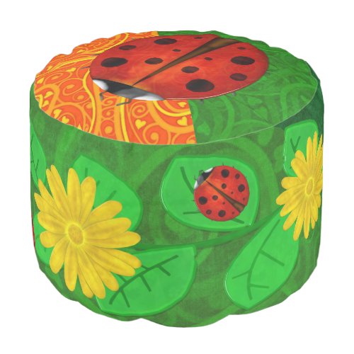 Ladybug Whimsey 3D Folk Art Pouf