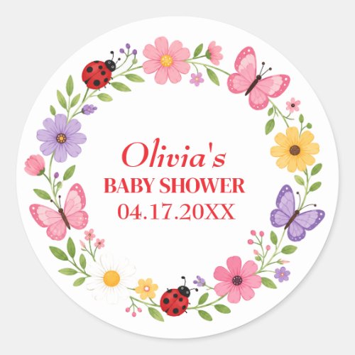 Ladybug Wildflower Baby Girl Shower Classic Round Sticker