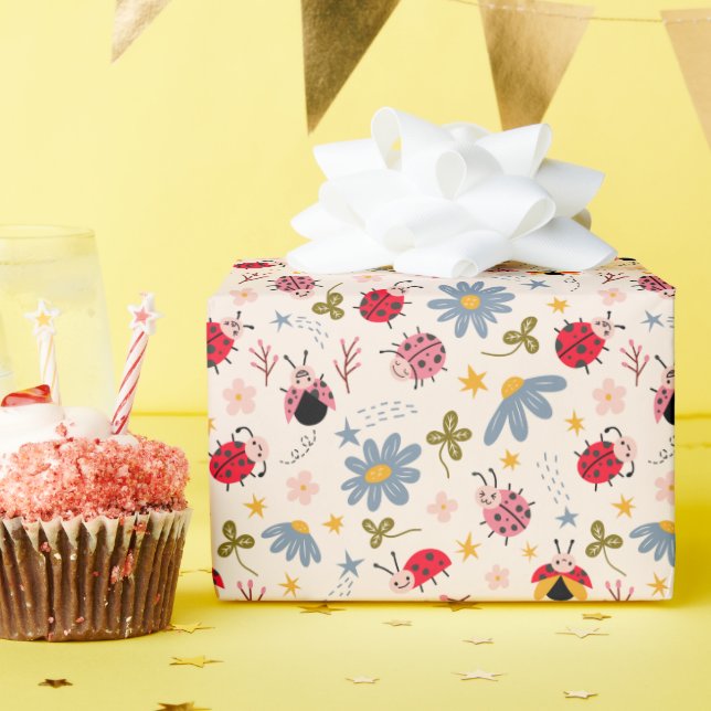 Ladybug Wildflower Pattern Wrapping Paper (Birthday Party)