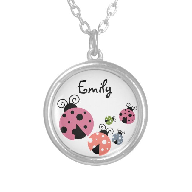 Ladybug with Custom Name or Monogram Silver Plated Necklace (Front)