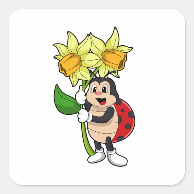 Ladybug with Flower Daffodil Square Sticker (Front)