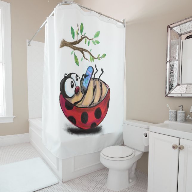 Ladybug with Phone Fun Shower Curtain Spring (In Situ)