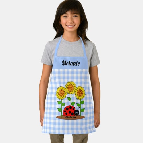 Ladybug with Sunflowers Blue Gingham Monogram Apron