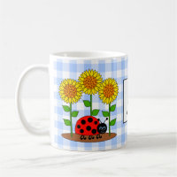 Ladybug with Sunflowers Blue Gingham Monogram