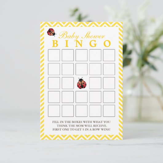 Ladybug Yellow Chevron Baby Shower Bingo Cards (Standing Front)