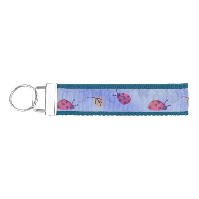 Ladybugs and Autumn Leaves Cute Pattern Blue Wrist Wrist Keychain (Keys on Left)