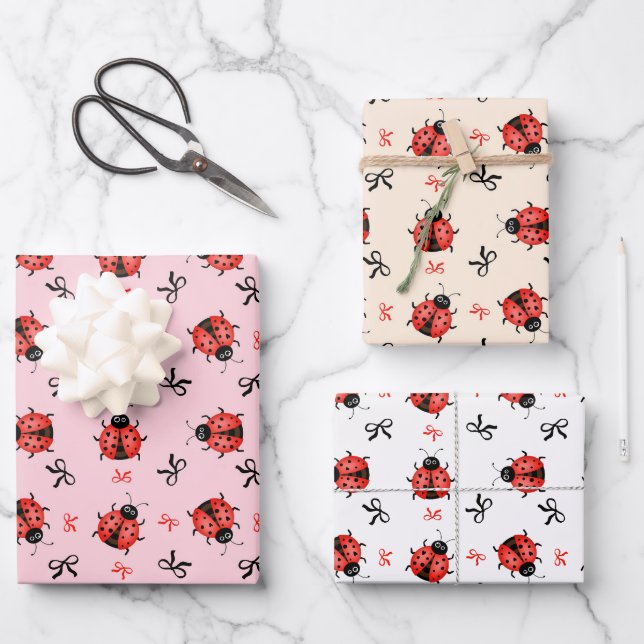 Ladybugs and bows wrapping paper sheets (Front)