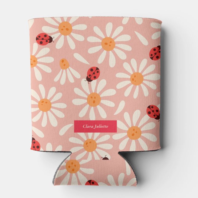 Ladybugs and Daisies Custom Name Can Cooler (Back)