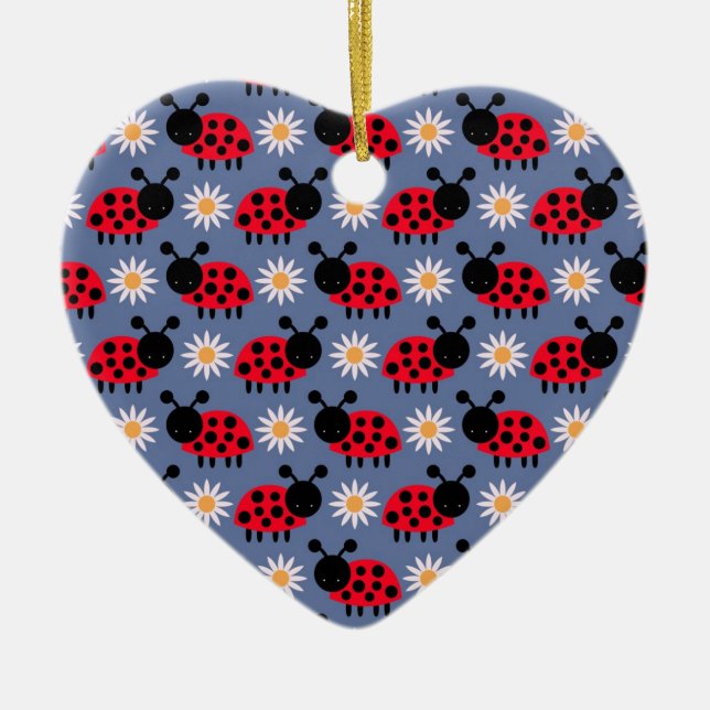 Ladybugs and Daisies Pattern Ceramic Ornament (Front)