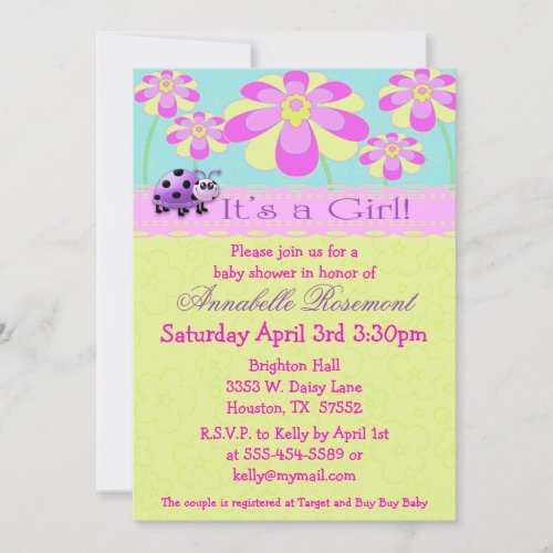 Ladybugs and Flowers Baby Shower Invitation