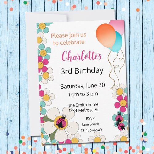 Ladybugs and Flowers Birthday Party Invitation