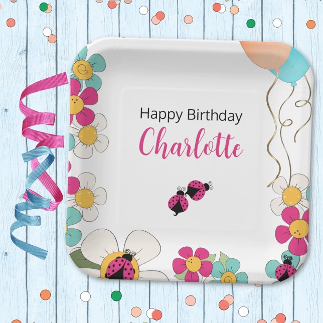 Ladybugs and Flowers Square Birthday Party Paper Plates (Creator Uploaded)