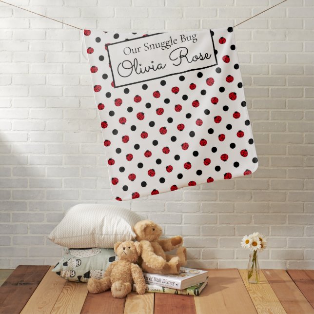 Ladybugs and polka dots personalize baby blanket (In Situ)