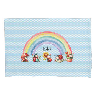 Ladybugs and Rainbow Blue Dot Kids Pillowcase