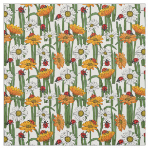 Ladybugs and Summer Meadow Flowers Nature Pattern Fabric