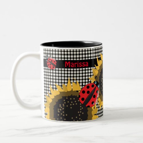 Ladybugs and Sunflowers BW Gingham Checks Name Two Two_Tone Coffee Mug