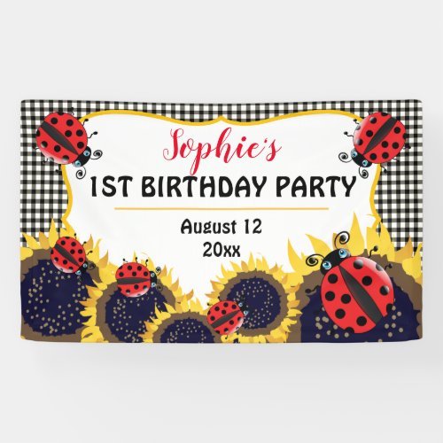 Ladybugs and Sunflowers Checks 1st Birthday Party Banner