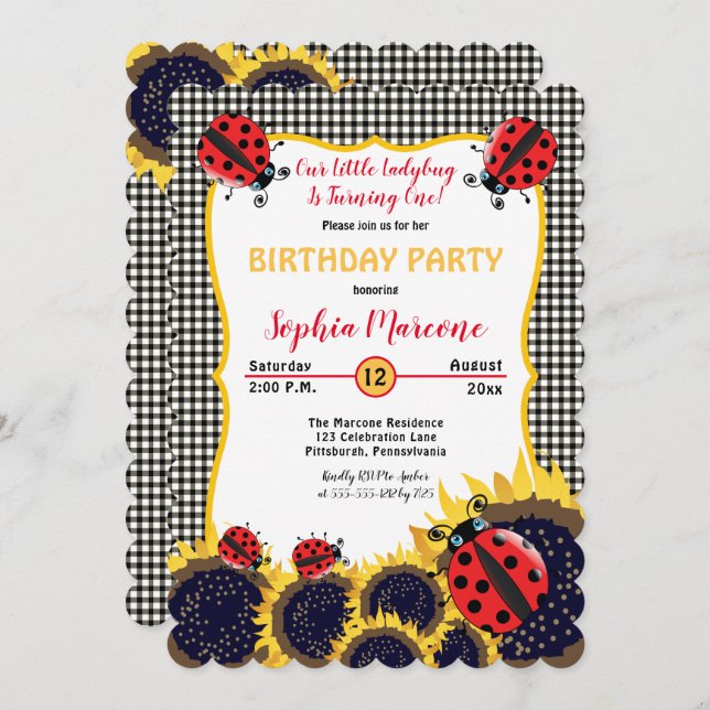 Ladybugs and Sunflowers Girl 1st Birthday Party Invitation (Front/Back)
