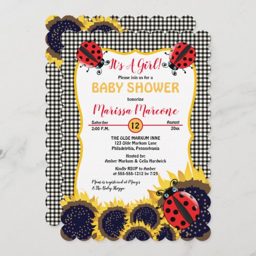 Ladybugs and Sunflowers Its A Girl Baby Shower Invitation