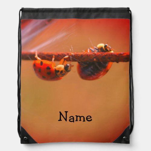 Ladybugs Balancing Close Up Personalized Drawstring Bag