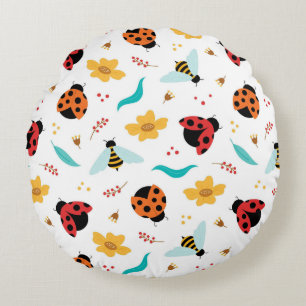 🌸 Ladybugs Bees Floral Cute Cozy Home Style 🌸 Round Pillow