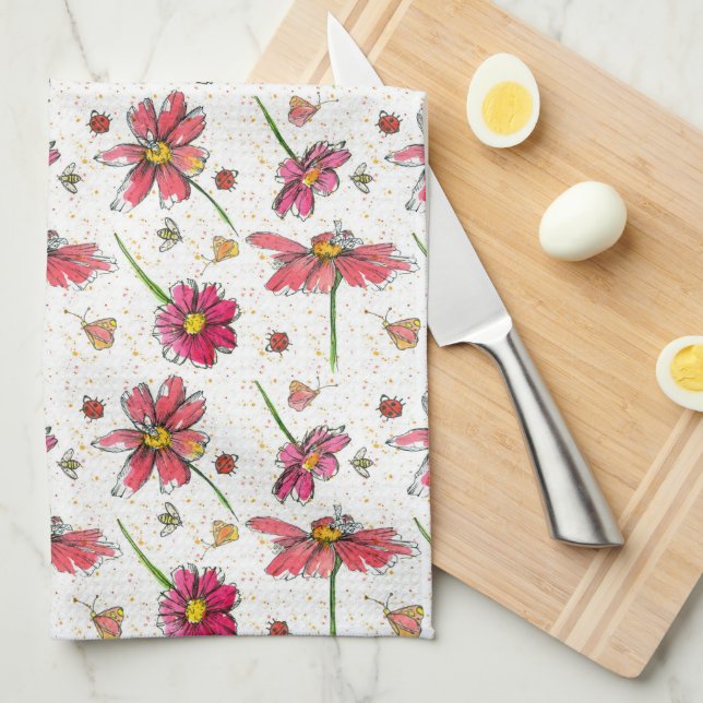 Ladybugs Bees Watercolor Flowers Towel (Quarter Fold)